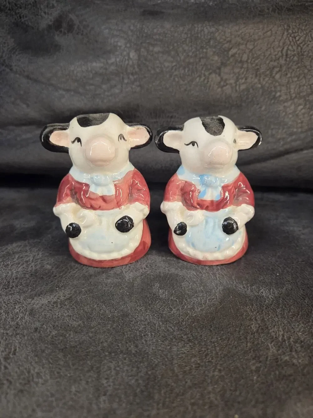 Vintage Anthropomorphic Cow Salt and Pepper Shakers Red Dress Blue Apron Ceramic